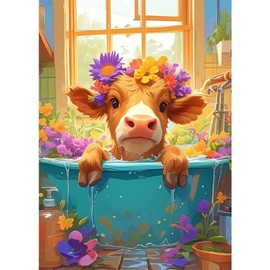 SENQAO Diamond Painting Kits for Adults and Beginners, 5D Cow and Flower Full Drill Diamond Art Kits, DIY Round Full Drill Gem Art and Crafts for Home Wall Decor 12x16inch