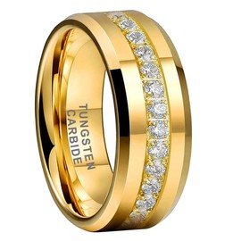 TUTISS 8mm Gold Tungsten Rings for Men Women Couple Eternity Anniversary Engagement Wedding Bands Fashion Jewelry CZ Stone Inlay Beveled Polished Shiny Comfort Fit Size 8.5