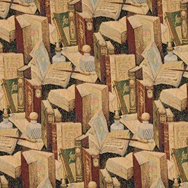 Classic Books Writing Utensils and Inkwells Themed Tapestry Upholstery Fabric by The Yard - SKU: Edison Library