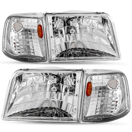 SOCKIR Headlight Assembly Replacement for 1993-1997 Ford Ranger Headlights + 4 PCS Corner Lights Headlamp Passenger and Driver Side (Chrome Housing with Amber Reflector)