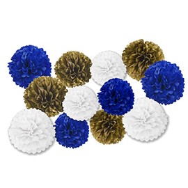 Navy Gold White Tissue Paper Pompons, Gold White Blue Paper Flower for Wedding,Birthday,Party(12pcs)
