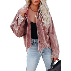 LCRRRN Womens Cropped Corduroy Jacket 2025 Casual Oversized Spring Button Down Shacket Coat Fringe with Frayed Hem (Red,L)