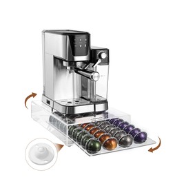 Coorganisers 2-in-1 Storage Drawer for Nespresso Vertuo Coffee Pod Holder & Appliance Slider for Countertop, Clear acrylic Coffee Pod Organizer with Wheels, Sliding Tray for Kitchen Appliances
