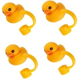 Duck-Shaped Silicone Straw Toppers 4Pcs -Reusable for 8mm Drinking Straws and Bottles(Yellow Novelty Style)