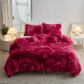 Jameswish Shaggy Plush Duvet Cover Set Super Soft Fluffy Faux Fur Comforter Cover Set Luxury Fuzzy Bedding Set 3 Piece(1Duvet Cover+2Pillowcases) with Zipper Clusure(Burgundy Ombre,King Size)