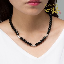 Natural Gemstone Black Green Jade Silver Pipe Necklace 9mm 10mm Black Green Jade Silver Pipe Necklace 9mm/Women's