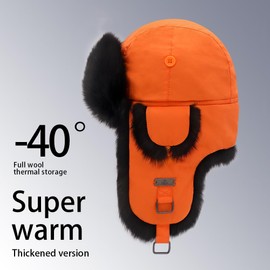 Kurhatic Winter Trapper Hat, Warm 100% Rabbit Fur Aviator Hat, Russian Trooper Hunting Ski Hat with Ear Flaps for Men & Women 2XL Fluorescent Orange