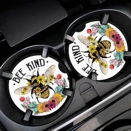 Bee Kind Car Cup Holder Coaster, Car Coasters for Cup Holder, 2 Pack Vintage Bee and Wild Flowers Anti-Slip Absorbent Ceramic Car Cup Coasters for Women Men with Finger Notch Cork Base 2.56"