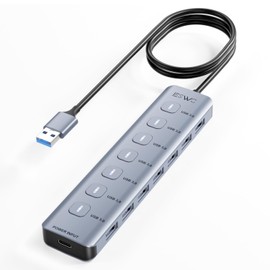 Jeswo 7-Port USB 3.0 Hub with Independent Switch and LED Indicator, Aluminum Alloy Case, High-Speed Transmission, 1m Cable