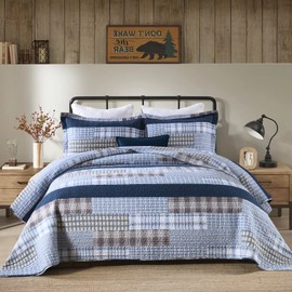 PERHOM Quilt King Size - 100% Cotton King Quilt Sets, Rustic Cozy Patchwork Plaid Bedding Set, Blue Brown Beige Lightweight Rustic Farmhouse Reversible Bedspreads for All Seasons