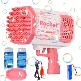 JONRRYIN Gatling Bubble Gun Set, 69 Holes Bubble Gun, Automatic Bubble Maker with 2 Liquid Bubbles for Children, Adults, Girls (Pink)