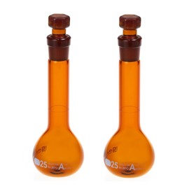 ALWSCI Pack of 2 25 ml Amber Volumetric Flasks, Ball Glass with Glass Stopper, 3.3 Borosilicate Glass, Class A, White Graduation, Volumetric Flask for Laboratory School Project