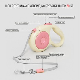 LMX Retractable Dog Leash, 3 m High Strong Nylon Tape, Automatic Telescopic Tractor Dog Tape,Tangle-Free, One-Handed Brake, Pause,Lock, for Dogs Up to 50 kg (Pink)
