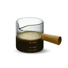 Denovin Glass Measuring Cup, 4oz Espresso Shot Glass with Wood Handle, Single Spout Measuring Triple Pitcher Milk Cup for Coffee Tea (Gray Ribbed）