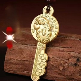Feng Shui Wealth Attraction Key Pendant, Brass Ancient Chinese Coin Design, Traditional Lucky Charm