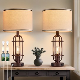 Reaketon Living Room Lamps Set of 2, 22.3" Farmhouse Table Lamp for Bedroom, Vintage Lamps for Night Stands with USB Ports, Oil Rubbed Bronze