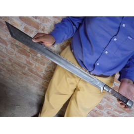 Custom Hand Forged Damascus Steel Tanto Sword Viking Blood Grooved Machete Tanto Sword