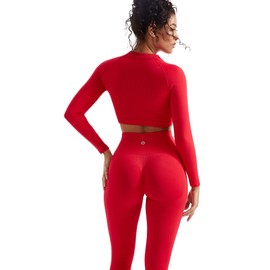 SUUKSESS Women 2 Piece Workout Sets Hidden Scrunch Butt Lifting Seamless Leggings Long Sleeve Yoga Crop Tops High Waisted Yoga Pants (Red, M)