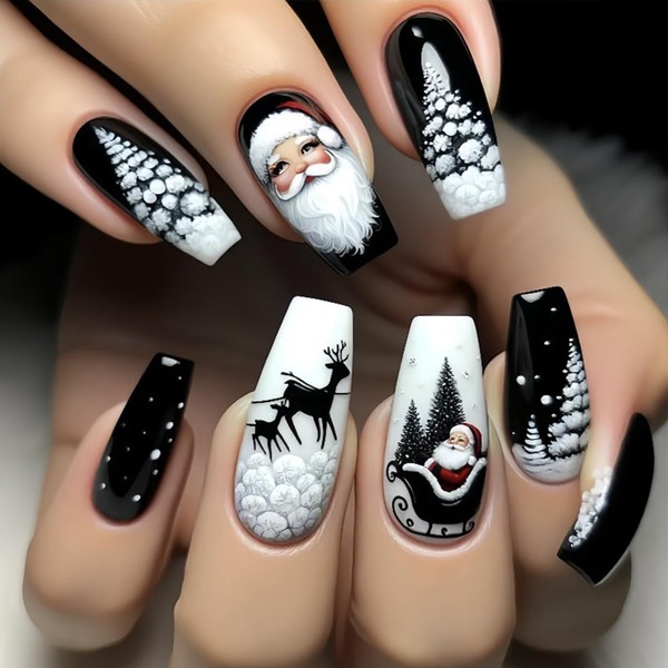 Christmas Black Press on Nails Long Coffin Fake Nails with