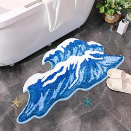 Sisher - Alfombra de baño con ondas oceánicas, antideslizante, divertida alfombra de forma irregular, absorbente, lavable a máquina, decoración de playa para recámara, color azul, 35 x 22 pulgadas