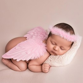Holibeat 0-6M Newborn Baby Angel Wings with Feathers Newborn Photography Posing Props with a Headband (pink1)