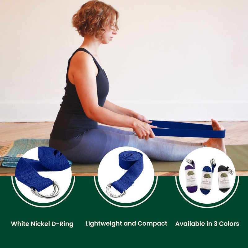 JadeYoga 8-Foot Cotton Yoga Strap - Adjustable D-Ring Buckle for