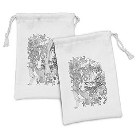 Lunarable Underwater Fabric Pouch Set of 2, Mermaid Abstract Hair Flowers Leaves Sailboat Waves Fish Black and White, Small Drawstring Bag for Toiletries Masks and Favors, 9" x 6", Black White