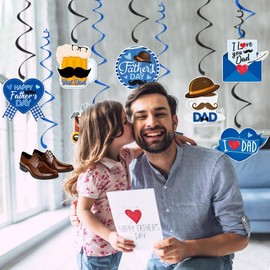 LOONELO Father's Day Hanging Banner Decorations, I Love Dad Blue Tie Banners & Foil Swirls, Thank You Daddy Hanging Ceiling Streamers Garland for Father's Day Party Backdrop Supplies
