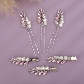 Teyglen 5pcs Bride Wedding Crystal Pearl Hair Pins Clips Set Bridal Pink Rhinestone Hairpins Hair Barrettes Handmade Pearl Hair Piece Wedding Hair Accessories for Women Girls (Pink)