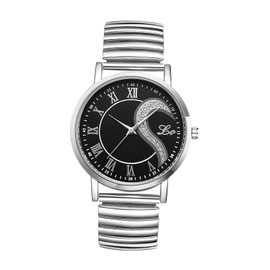 JewelryWe Pair of Watches Analogue Quartz Partner Friendship Wristwatch Elastic Metal Strap Ultra Thin Watch with Illuminating Hands Gift for Men Women Silver, Heart – Silver/Black – Men's Watch,