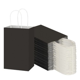 Toovip 100 Pack 5.25x3.25x8.25 Inch Small Black Kraft Paper Bags with Handles Bulk, Gift Wrap Bags for Favor Grocery Retail Party Birthday Shopping Business Goody Craft Merchandise Take Out Cub Bags
