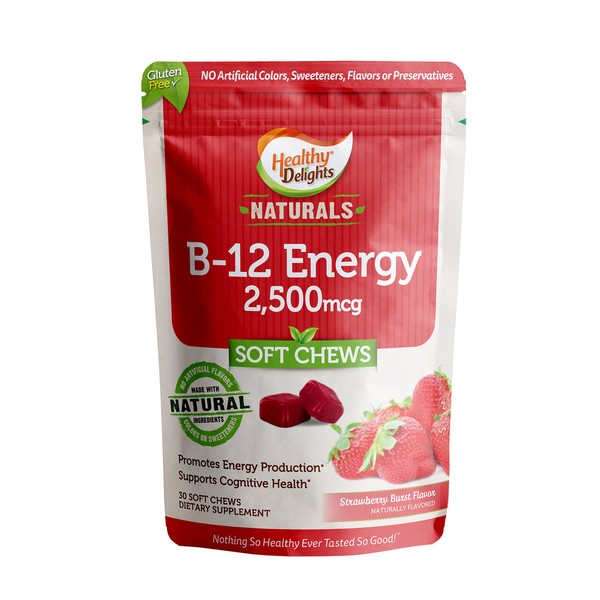Healthy Delights Naturals, B-12 Energy Soft Chews, Promotes Energy Production, Supports Cognitive Health, Delicious Strawberry Burst Flavor, 30 Count