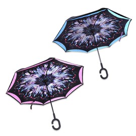 Parquet 2-Pack Double Layer Inverted Umbrellas - Colored Leaves and Solid Black C Shaped Handle Reverse Folding Windproof Umbrella for Men and Women