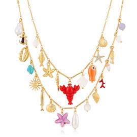 ENSKEFEN Two-Layered Charm Necklace for Women Trendy Colorful Sea Shell Mermaid Conch Starfish Necklace Boho Summer Beach Gold Necklaces