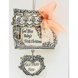 Baby's First Christmas God Bless Silver Rattle Ornament with Blue Ribbon and Place for Photo