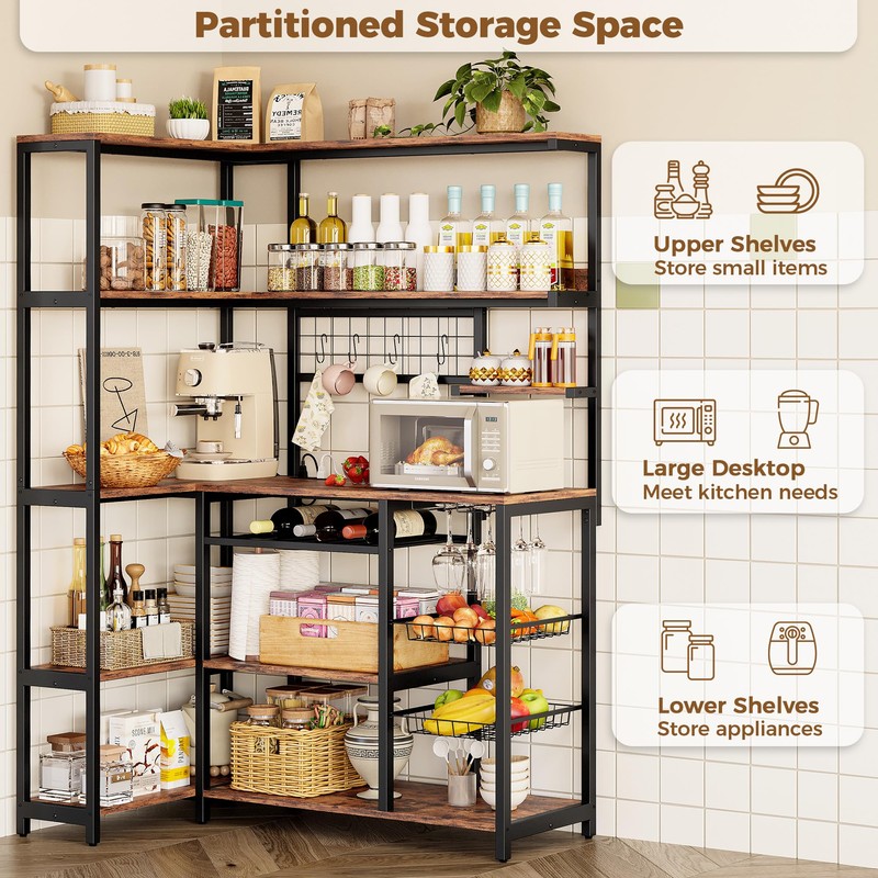 IRONCK Large Bakers Rack with Power Outlet, 6-Tier Corner Microwave