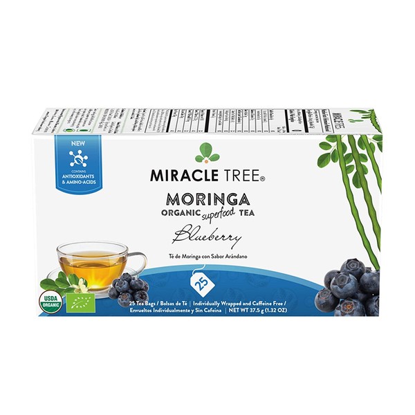 Miracle Tree - 6 Count of Organic Moringa Superfood Tea, 25 Individually Sealed Tea Bags, Blueberry