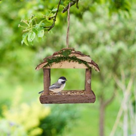 Relaxdays Wooden Bird Feeder for Hanging, HBD: 19 x 22 x 16.5 cm, Garden, Bird Feeder for Small Birds, Natural
