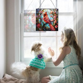 HFhyxin Cardinal Stained Glass Window Hanging Cardinal Window Suncatcher 8 Inch Glass Panel with Metal Chain and Hooks Sun Catchers Indoor Wall Art Home Decor Gift for Christmas Mother's Day
