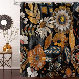 Fowocu Boho Floral Shower Curtain Yellow Abstract Bohemian Flowers Botanical Leaf Bathroom Curtain Vintage Mid Century Modern Waterproof Fabric Shower Curtains for Bathroom Decor 72x72 inch
