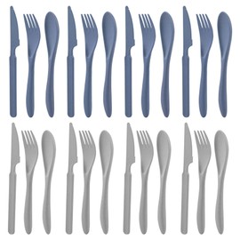 8 Sets Knives Spoons and Forks, Thickened Design Wheat Straw Cutlery, Reusable Utensils Set for Kid or Adult, Fork Spoon Knife Set for Party, Travel, Work, Picnic, Camping (Blue and gray)