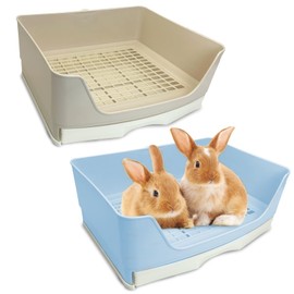 kathson 2PCS Large Rabbit Litter Box Trainer, Potty Corner Toilet with Drawer Bigger Pet Pan for Adult Hamster, Guinea Pig, Ferret, Galesaur, Bunny and Other Animals (Blue,Brown)