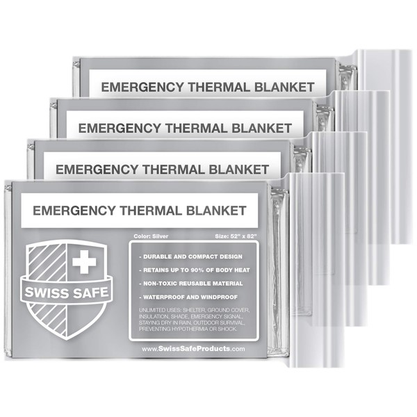 Swiss Safe Emergency Mylar Thermal Blankets + Bonus Gold Foil Space Blanket. Designed for NASA, Outdoors, Survival, First Aid, Silver, 4 Pack