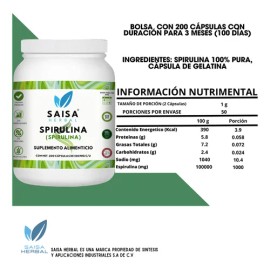 Espirulina 200 cápsulas | Suplemento Alimenticio | Saisa Herbal 100% Pura | Porteínas de alta calidad, desintoxicación del organismo, ayuda a la regulación del azúcar en sangre