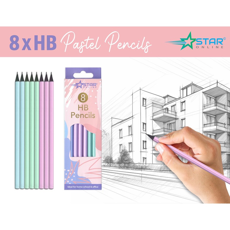 Star Online 8 X Pastel Colours HB Pencils Blue, Pink