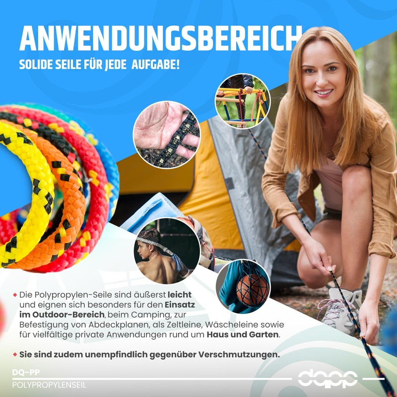 DQ-PP Polypropylene rope, 8 mm, 20 m, orange, load capacity