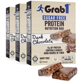 Grab1 Sugar Free Protein Bars, Dairy Free Dark Chocolate (3 Pack = 12 Bars) | 12gr Protein + 4gr Fiber | Low Calorie | Zero Sugar
