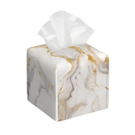 Tissue Box Cover,Grey Golden Marble Pu Leather Square Tissue Box Cover Case Organizer Cube Holder for Bathroom Vanity Countertop Night Stands Office Desk & Car 5.2X5.2X5.2''