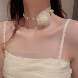 Rose Flower Pearl Choker Necklace Boho Layered White Black Artificial Lace Camellia Flowers Floral Rosette Fabric Fairy Collar Necklace for Women Wedding Bridal Prom Party Christmas Trendy Jewelry Gifts (Beige)