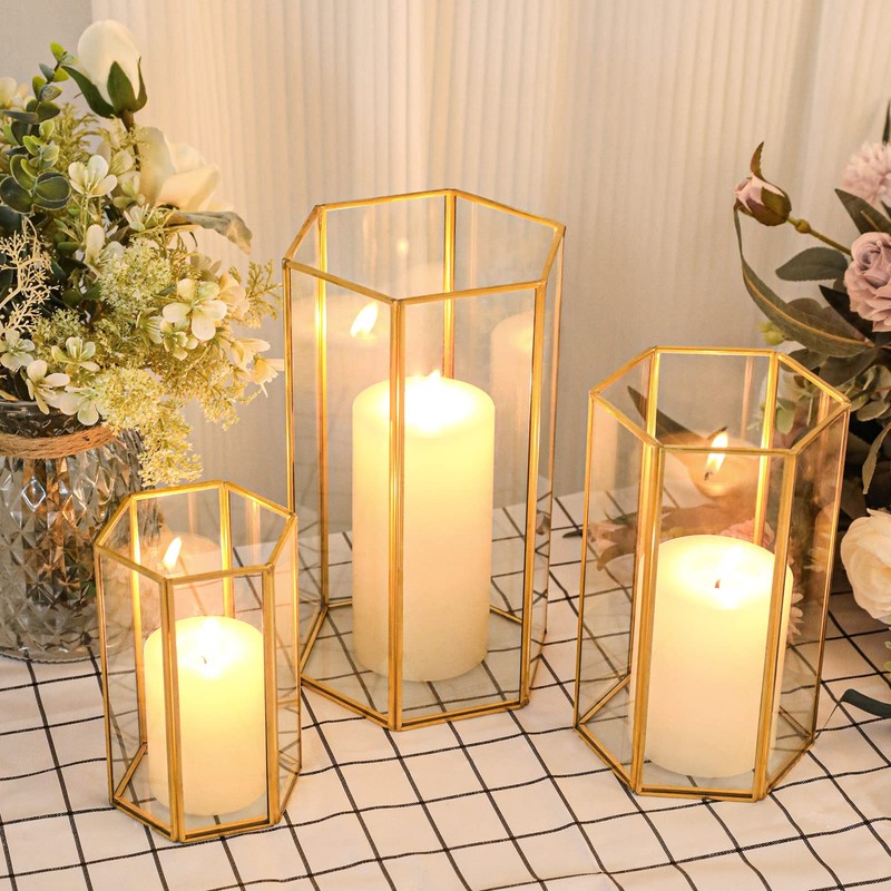 Glass Hurricane Candle Holder, Set of 3 Large Clear Hexagon
